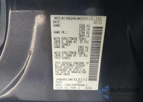 2011 Nissan Titan Sv из США, поврежденный, VIN 1N6BA0EC3BN313572